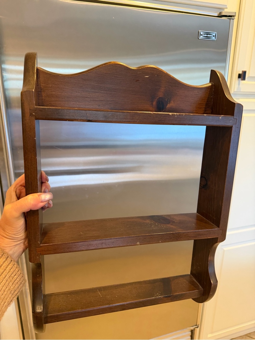 Vintage Wood Wall Shelf 3 Tier Dark Stained Pine Scalloped Country Farmhouse